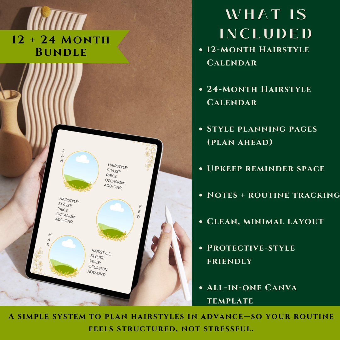 Hairstyle Planner Calendar — 12 & 24 Month Digital Hair Organizer