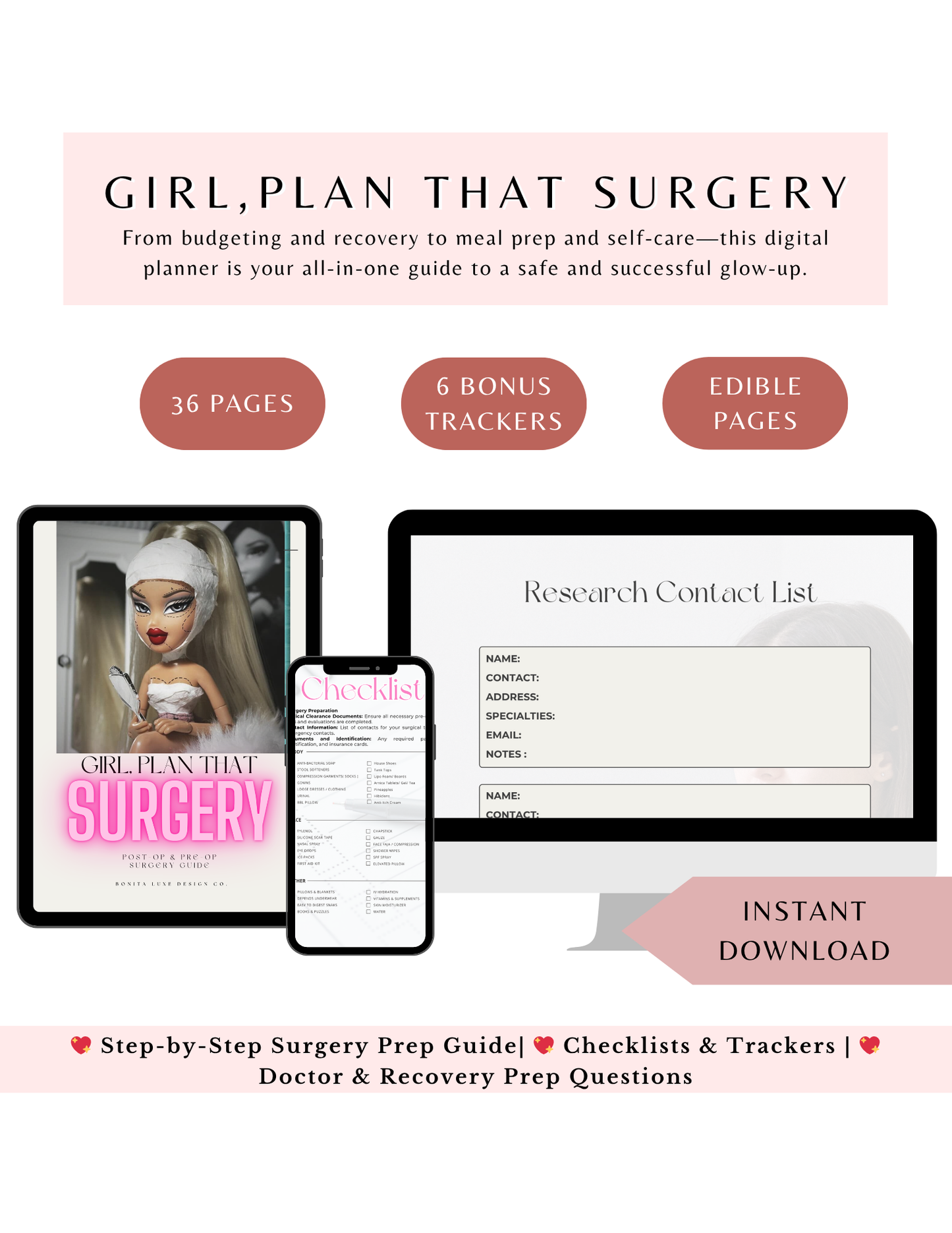 Cosmetic Surgery Planner | Digital Surgery Prep & Recovery Guide + Checklists & Meal Plan