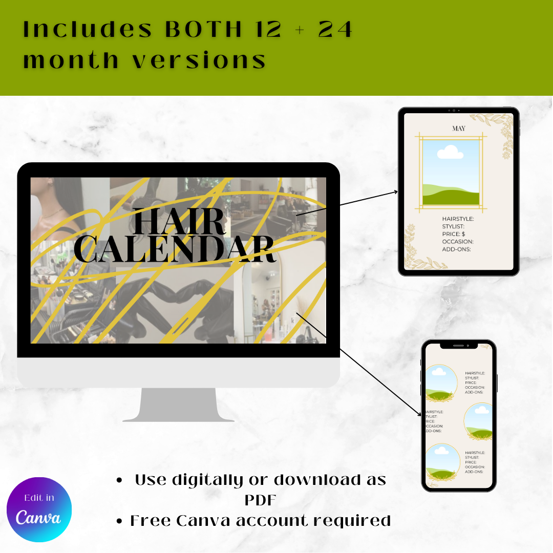 Hairstyle Planner Calendar — 12 & 24 Month Digital Hair Organizer