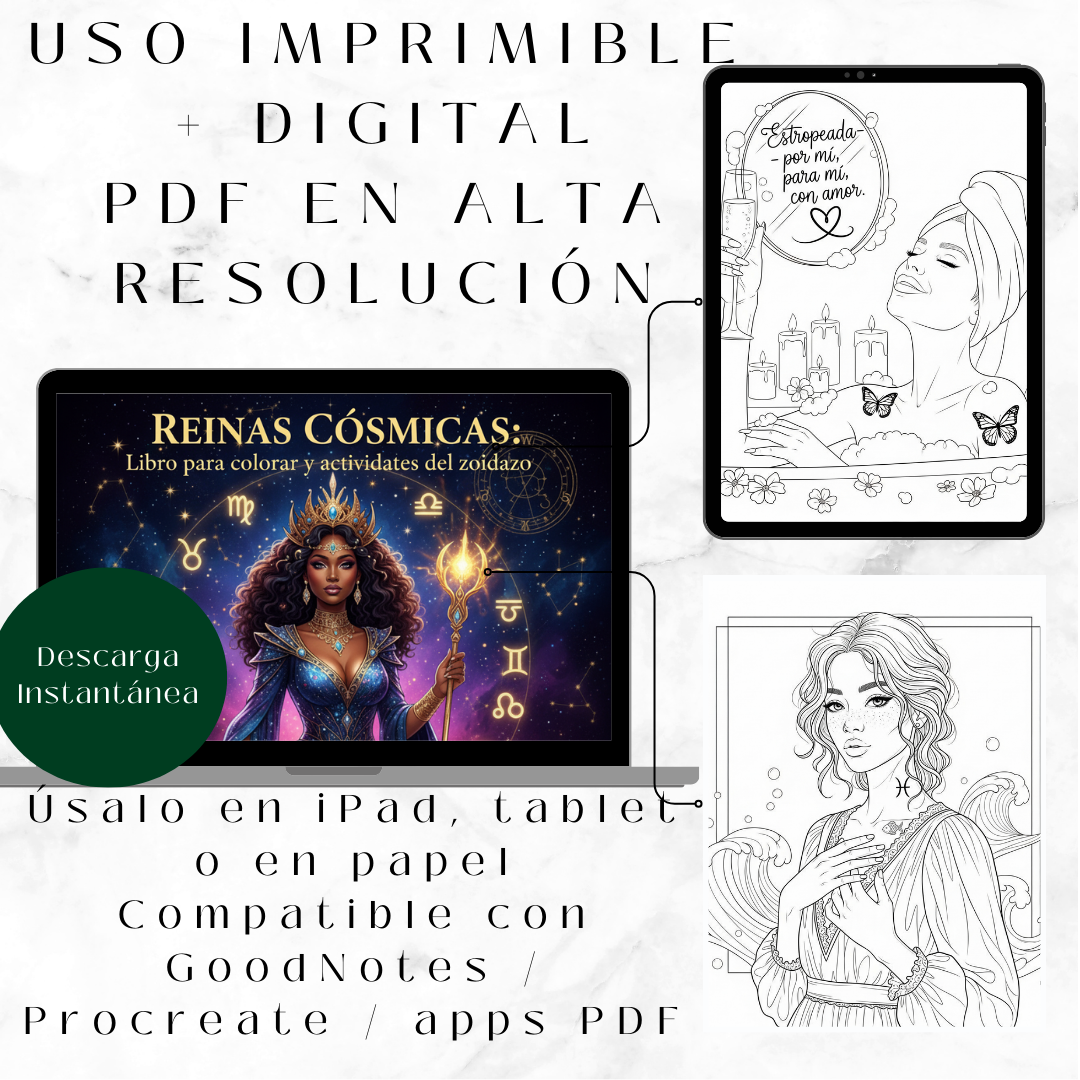 REINAS CÓSMICAS — Libro del Zodiaco para Colorear y Actividades (56 Páginas)