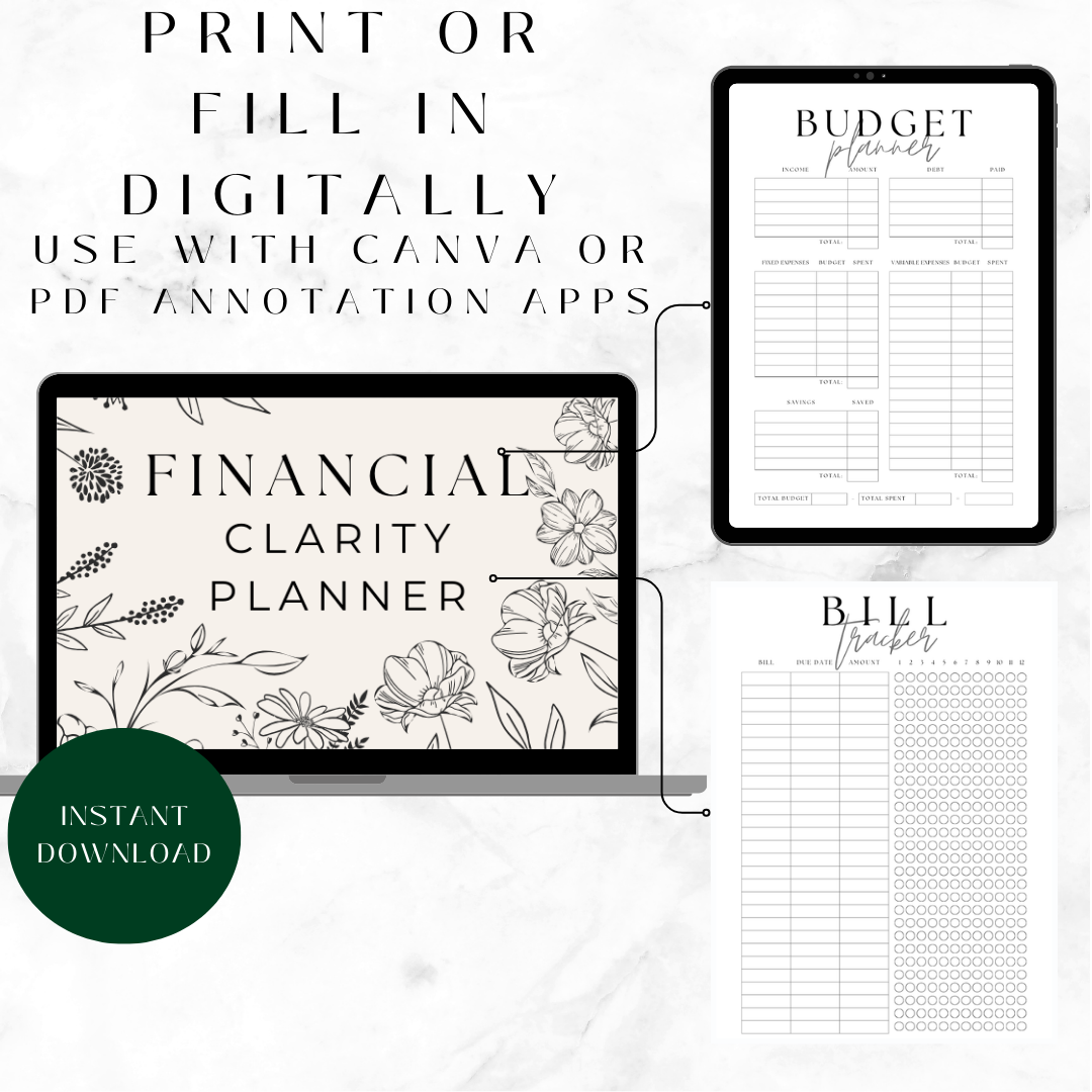 Financial Clarity Planner | Budget, Bills, Debt & Savings Tracker Printable