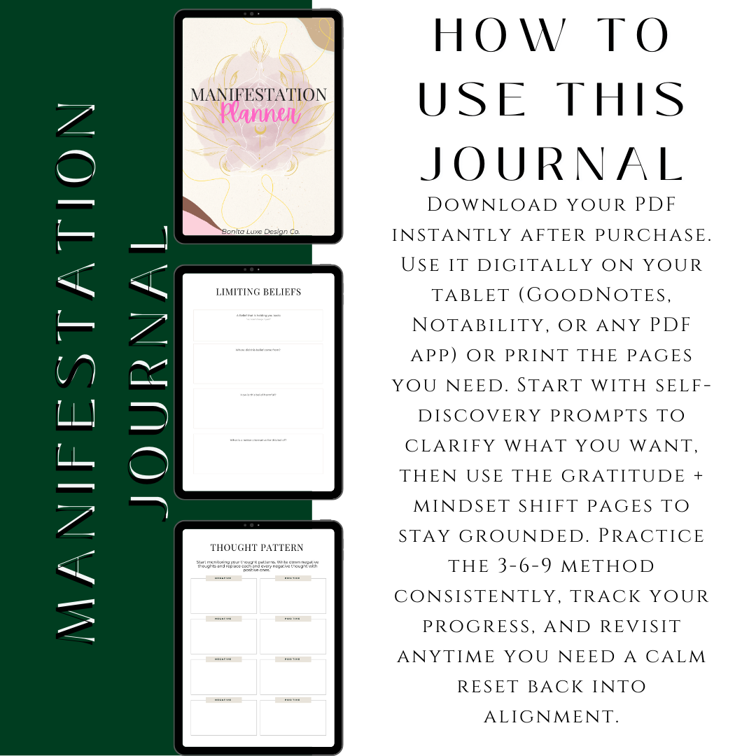 Manifestation Journal — Self-Discovery Prompts, Gratitude & 3-6-9 Method (60 Pages)