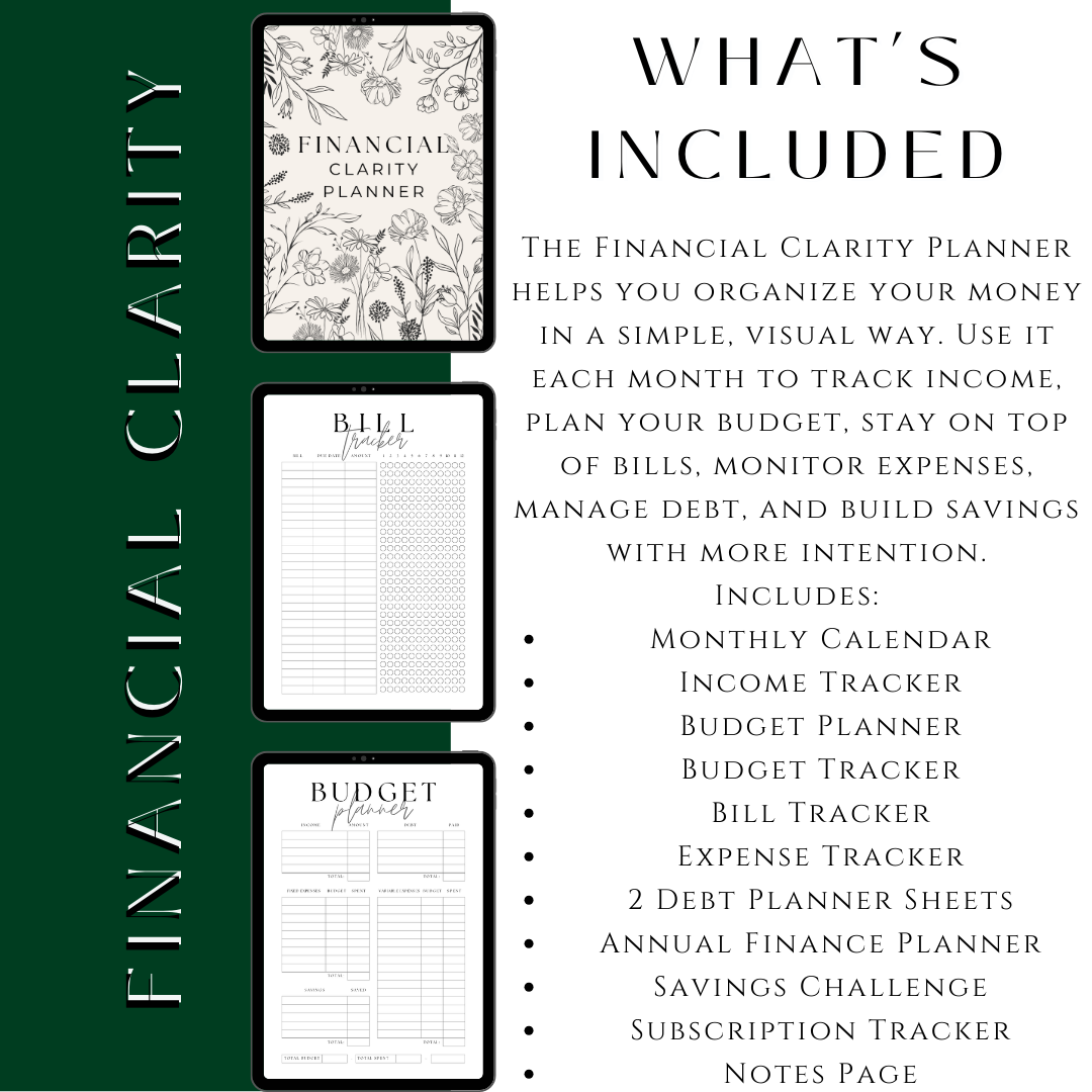 Financial Clarity Planner | Budget, Bills, Debt & Savings Tracker Printable
