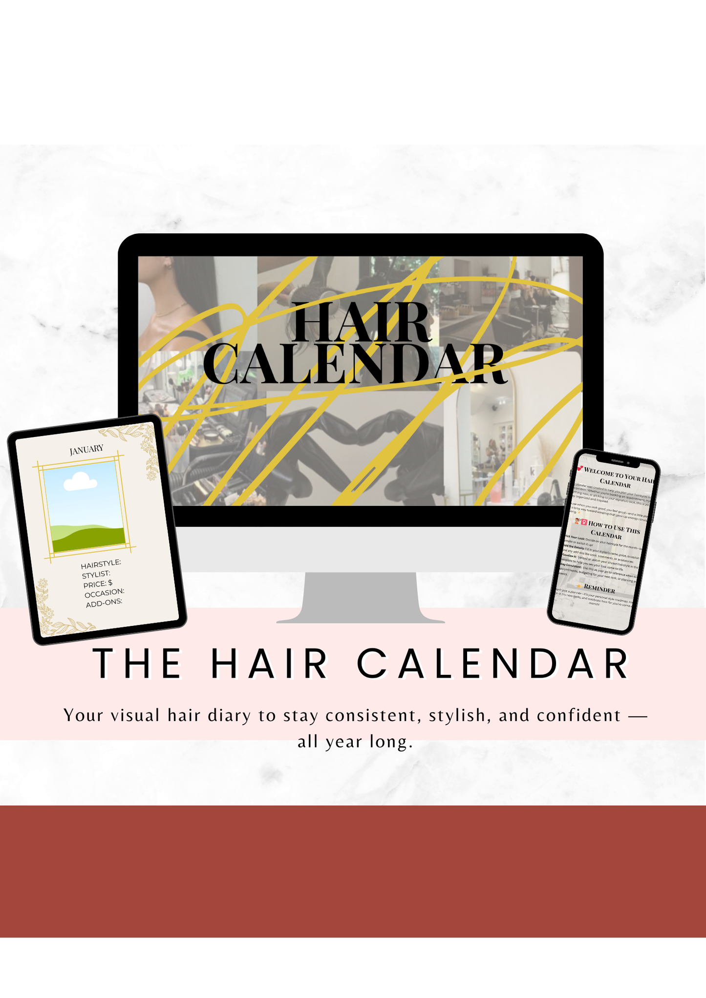 Hair Style Calendar | Visual Hair Planner + Monthly Tracker for Hairstyles, Costs & Salon Visits